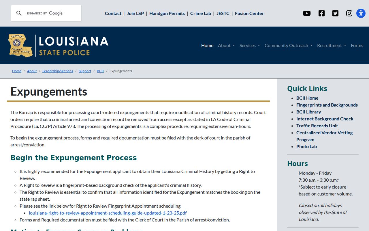 West Baton Rouge Parish criminal record expungement process