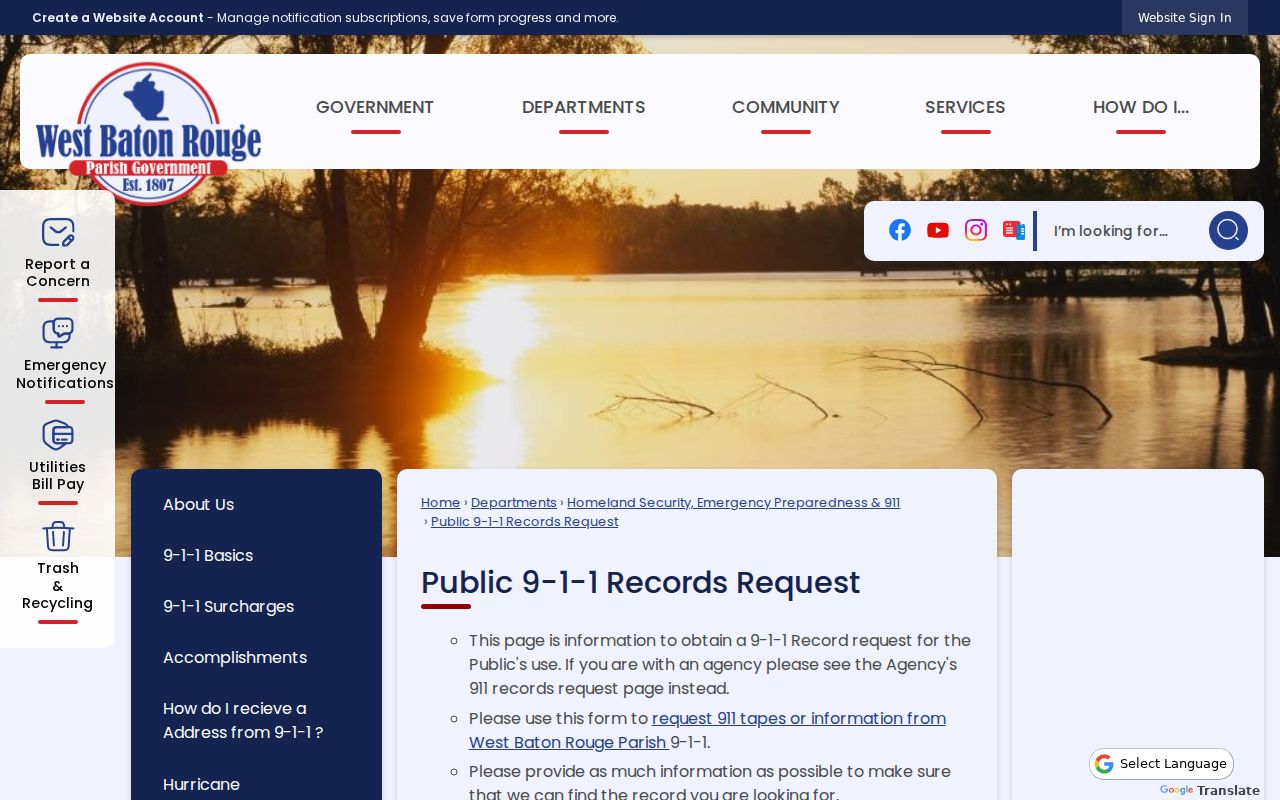 West Baton Rouge Parish criminal incident 911 records request
